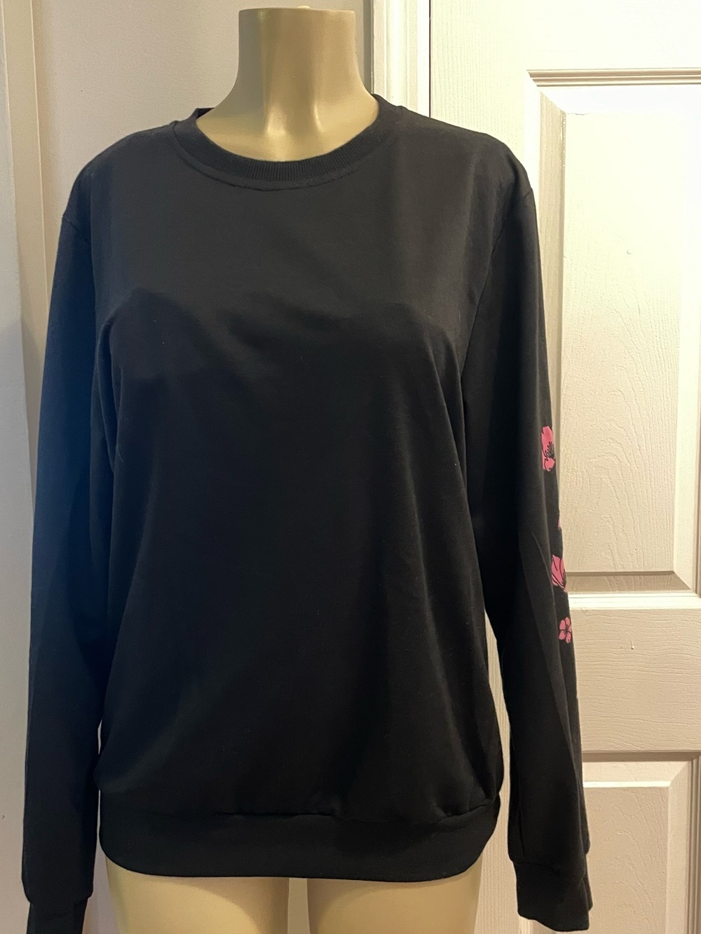 Women's Black Long-Sleeve Crewneck Top with Pink Sleeve Accents